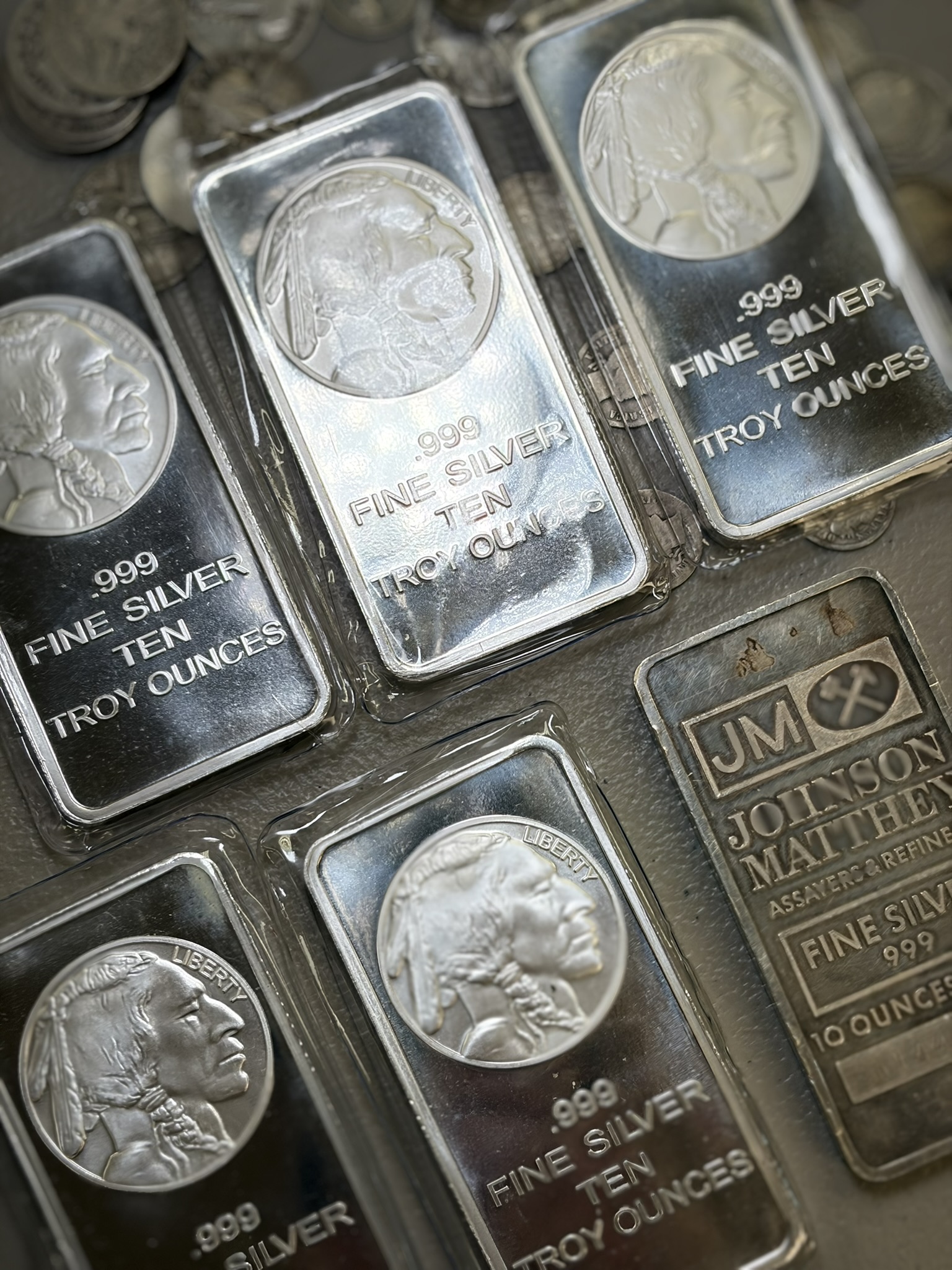 Silver bars and bullion on the counter at Gold King in Hickory, NC